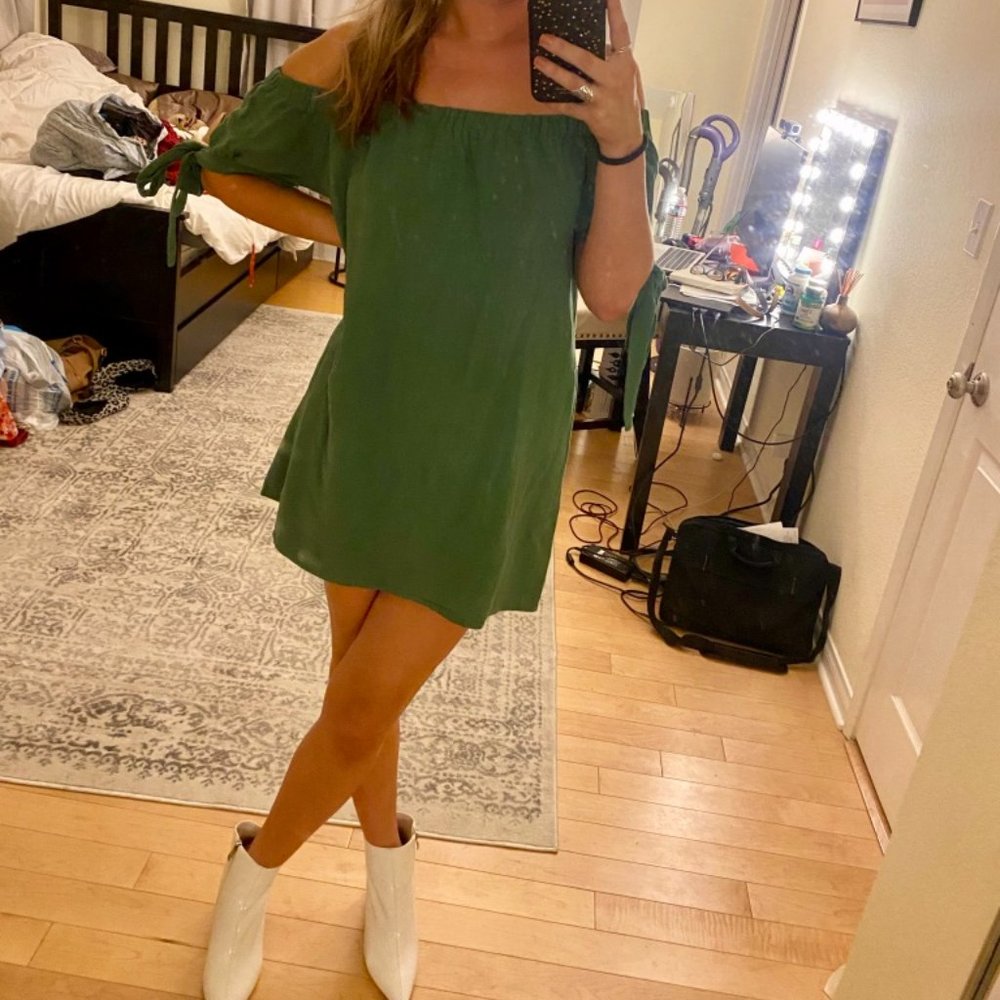 Lulu's "Al Fresco Evenings Olive Green" Off-The-Shoulder Dress